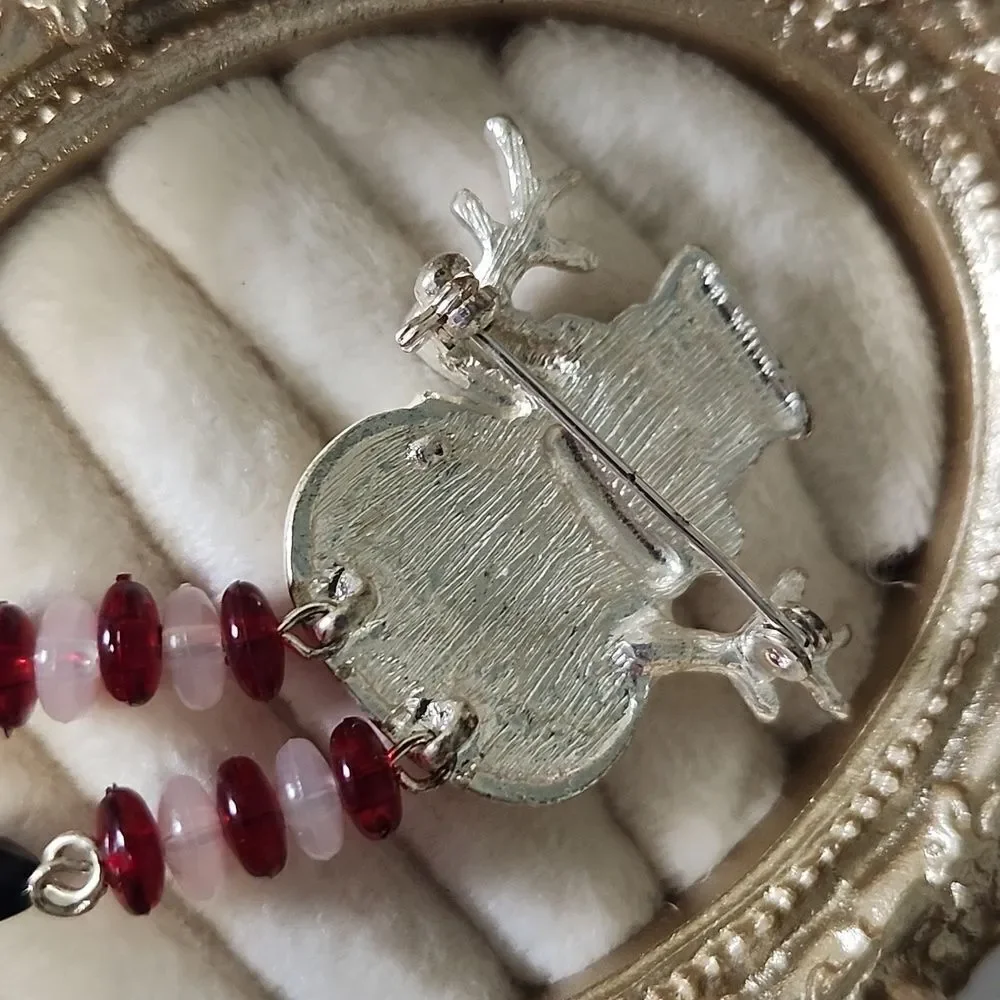 Vintage Christmas Snowman Enameled Brooch Dangle Beads Silver,Red ,White,Black,